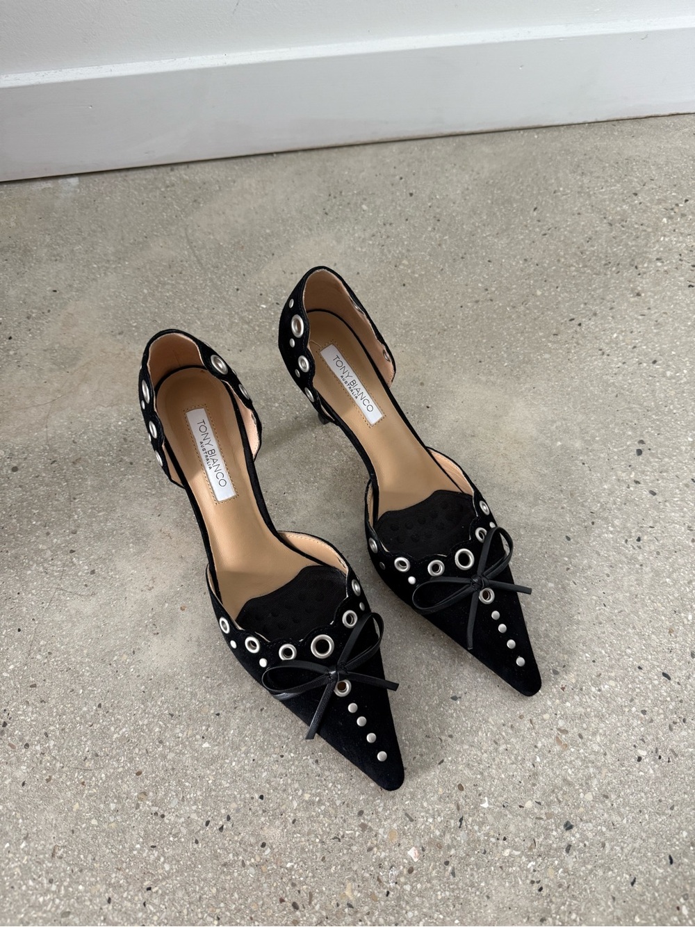 Tony Bianco Black Suede Pointed D'Orsay Pumps with Eyelet and Bow Detail